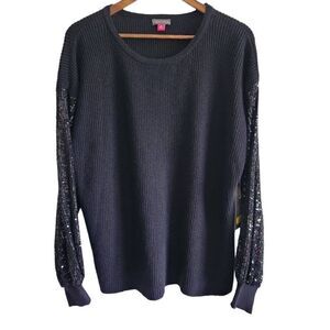 Vince Camuto Womens Sweater XL Black Sequin Sleeves